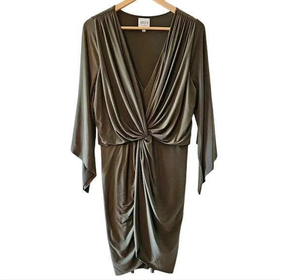 Misa Los Angeles Draped Teget Fluid Stretch Mini Dress Olive  Green Size Large. - Picture 1 of 16